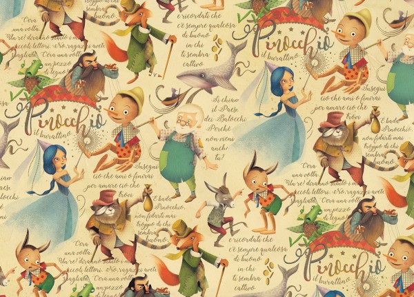 Pinocchio - Geschenkpapier mit Goldfarbendruck